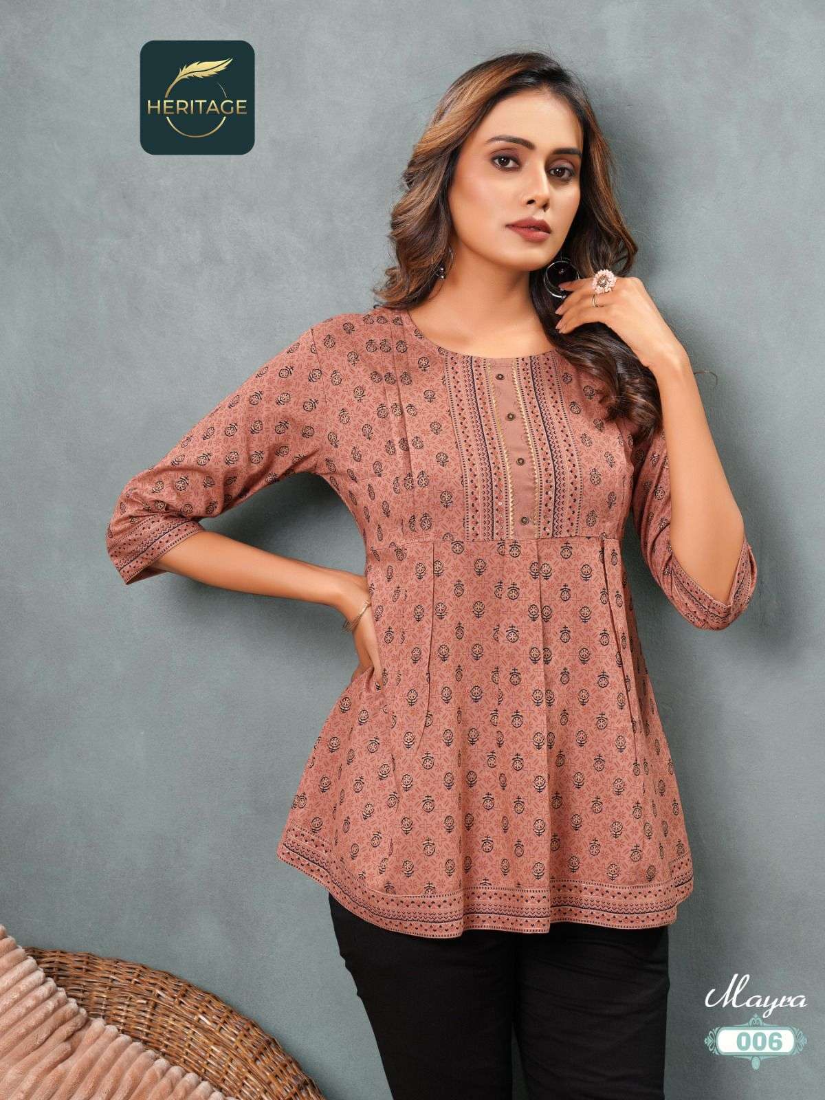 MAYRA RAYON SLUB DESIGNER SHORT KURTAS WITH STYLISH PRINTS ANDHANDWORK BY HARITAGE BRAND 1006